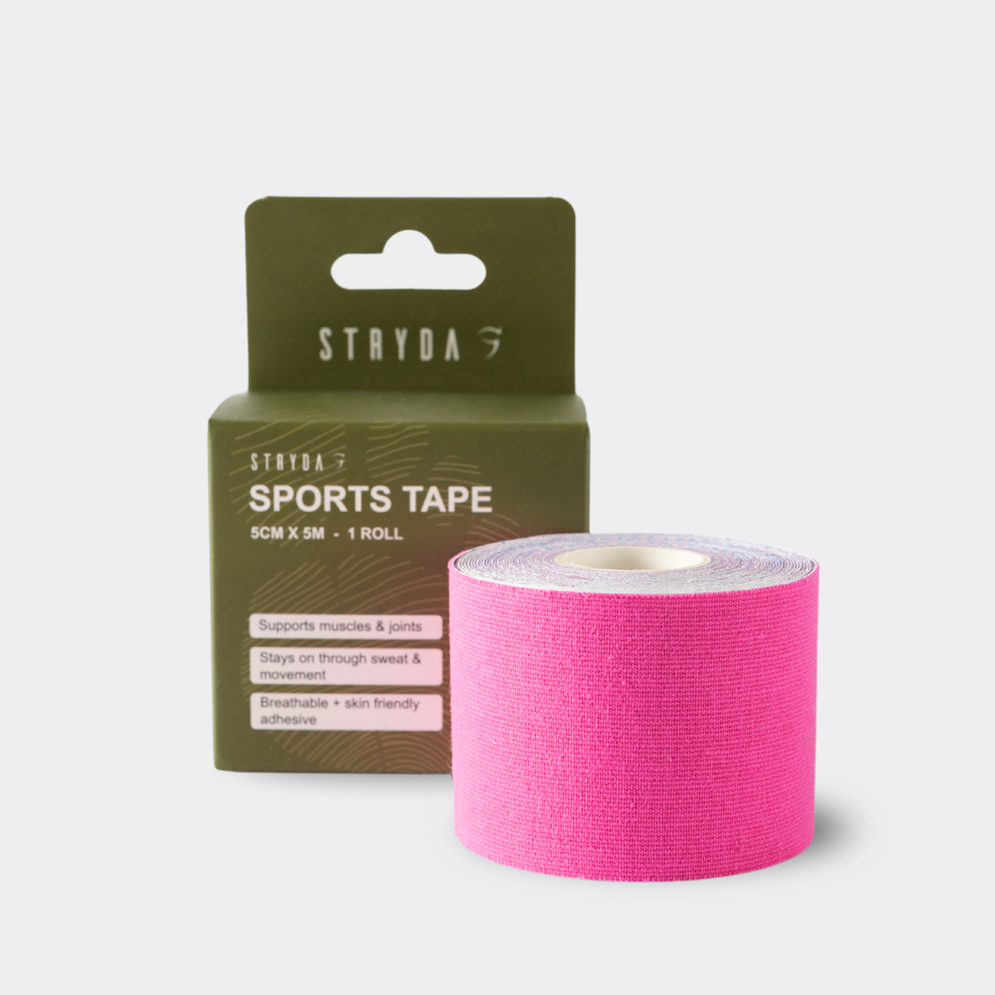 Pink sports tape with packaging on a light gray background